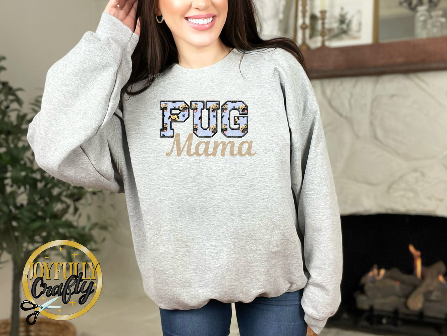 Pug Mama Faux Embroidered Adult Crewneck Sweater