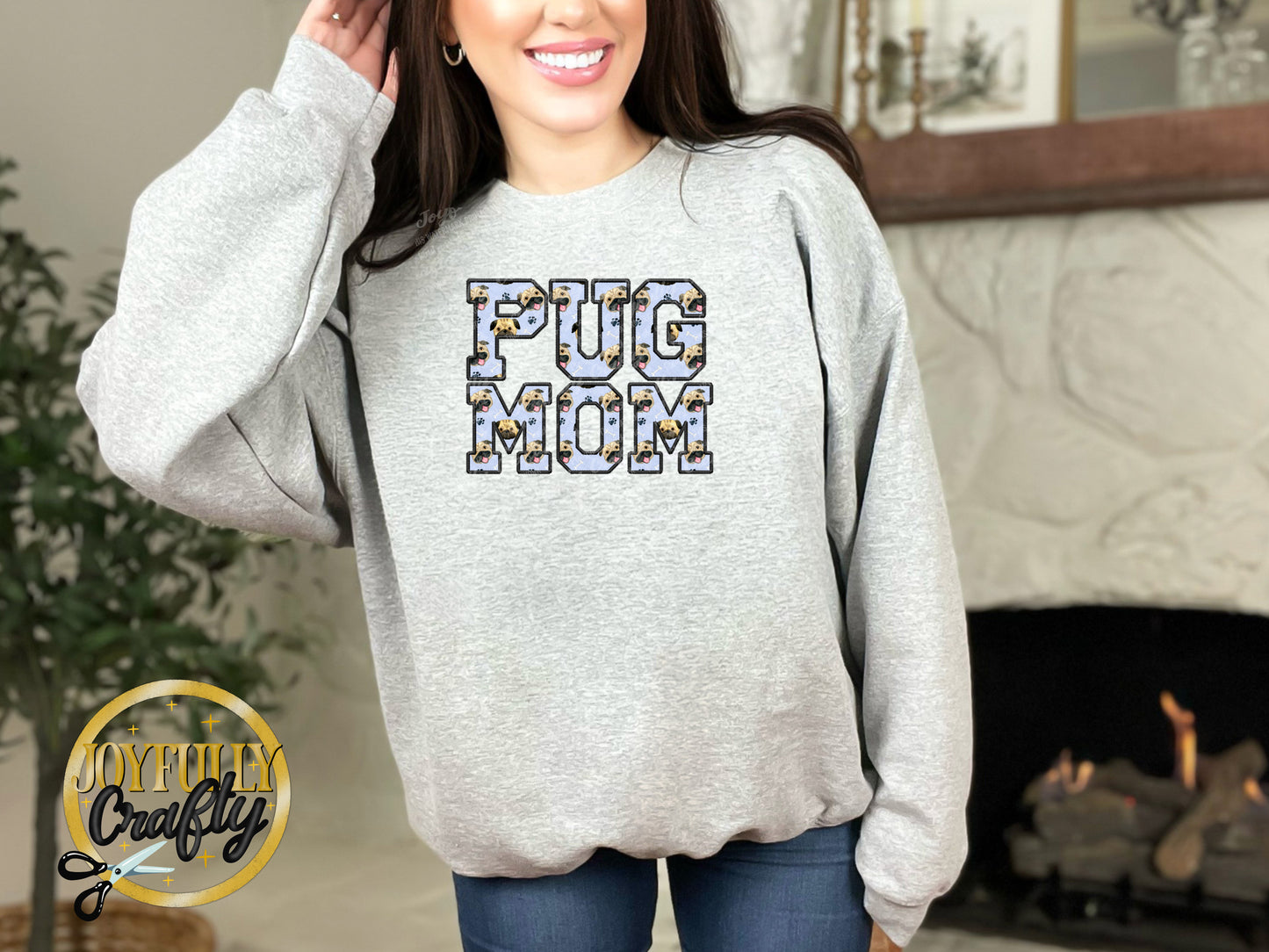 Pug Mom Faux Embroidered Adult Crewneck Sweater