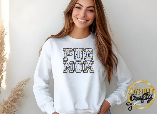 Pug Mom Faux Embroidered Adult Long Sleeve